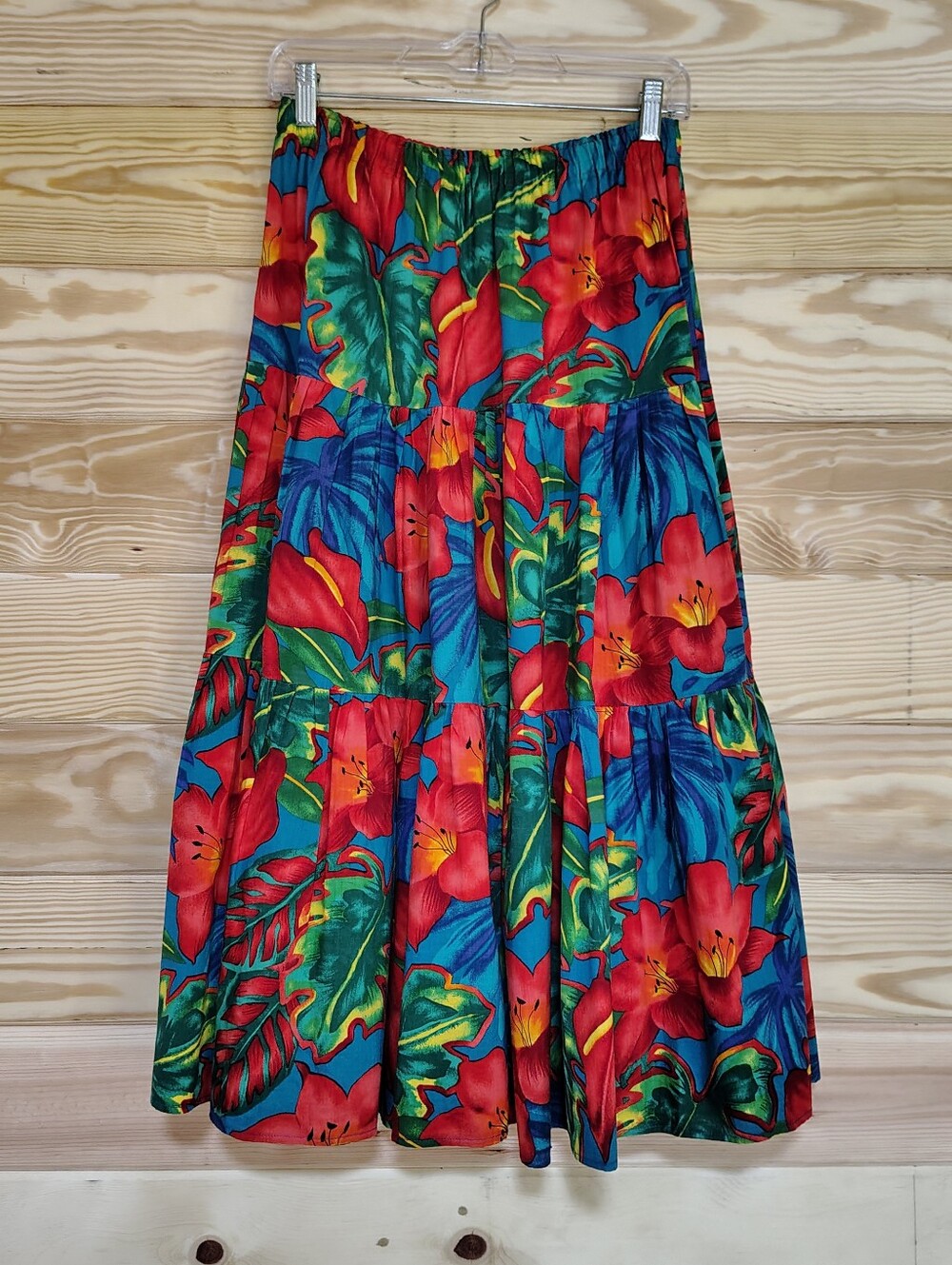 Vintage Tropical Floral Tiered Maxi Skirt S Elastic Waist Pull On Hawaiian Boho